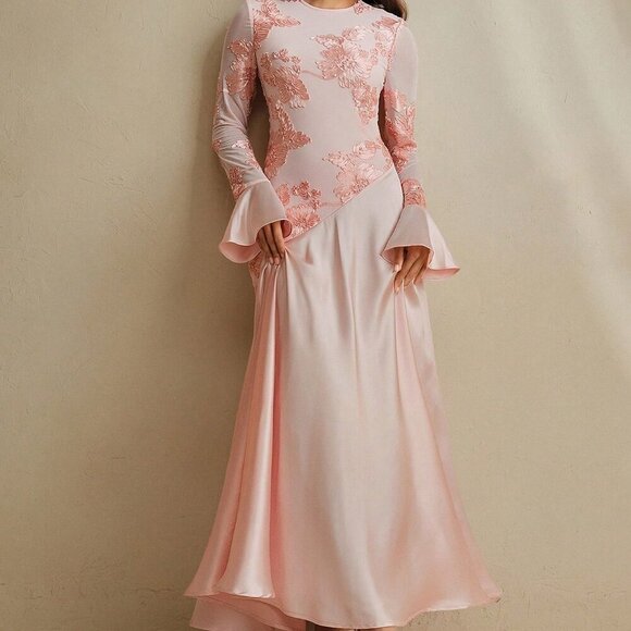 Pink Elegant Women's Floral Pattern Round Neck Fitted A-Line Mai Dress - Picture 7 of 8